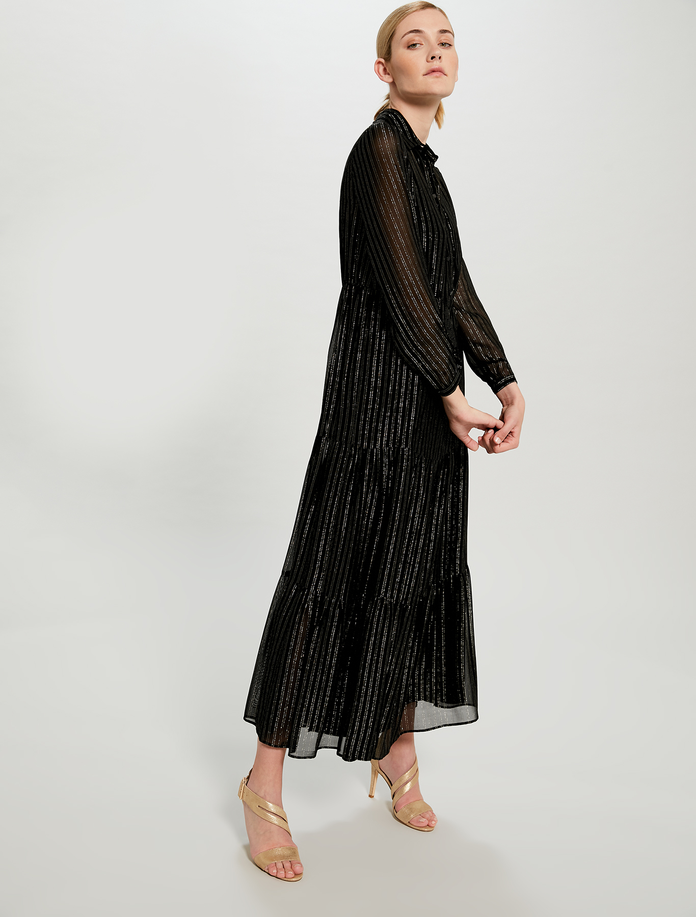 Oversized lamé chalk-stripe shirt dress, black pattern - Pennyblack