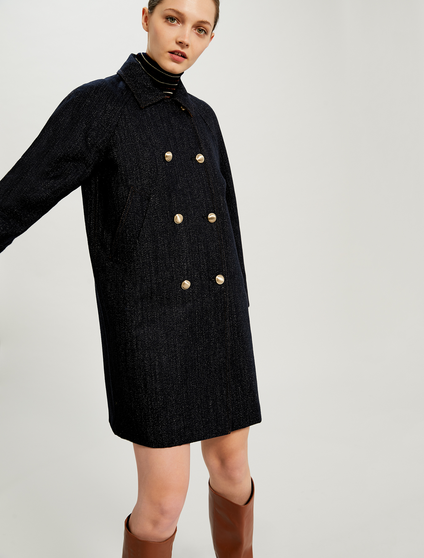 Double-breasted coat with denim effect, navy blue pattern - Pennyblack Double-breasted coat with denim effect - navy blue pattern - pennyblack