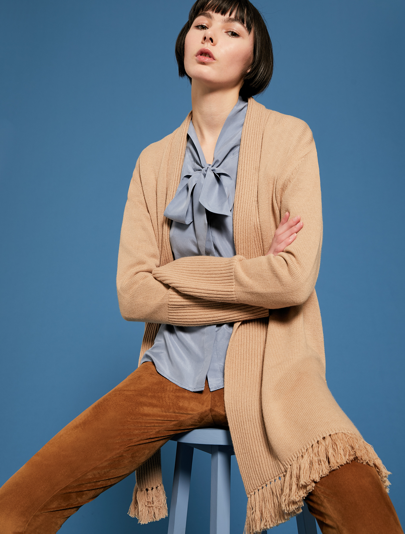 Fringed and ribbed cardigan, camel - Pennyblack Fringed and ribbed cardigan - camel - pennyblack