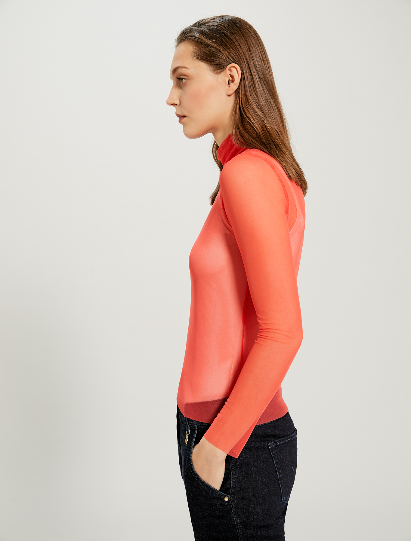 Turtleneck T-shirt in stretch tulle, coral - Pennyblack Turtleneck T-shirt in stretch tulle - coral - pennyblack