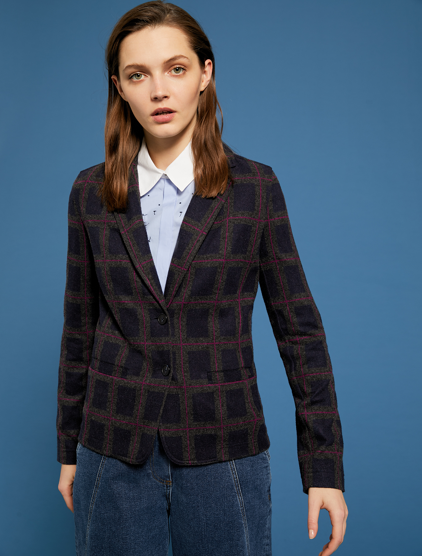 Slim fit blazer in jacquard jersey, navy blue pattern - Pennyblack Slim fit blazer in jacquard jersey - navy blue pattern - pennyblack