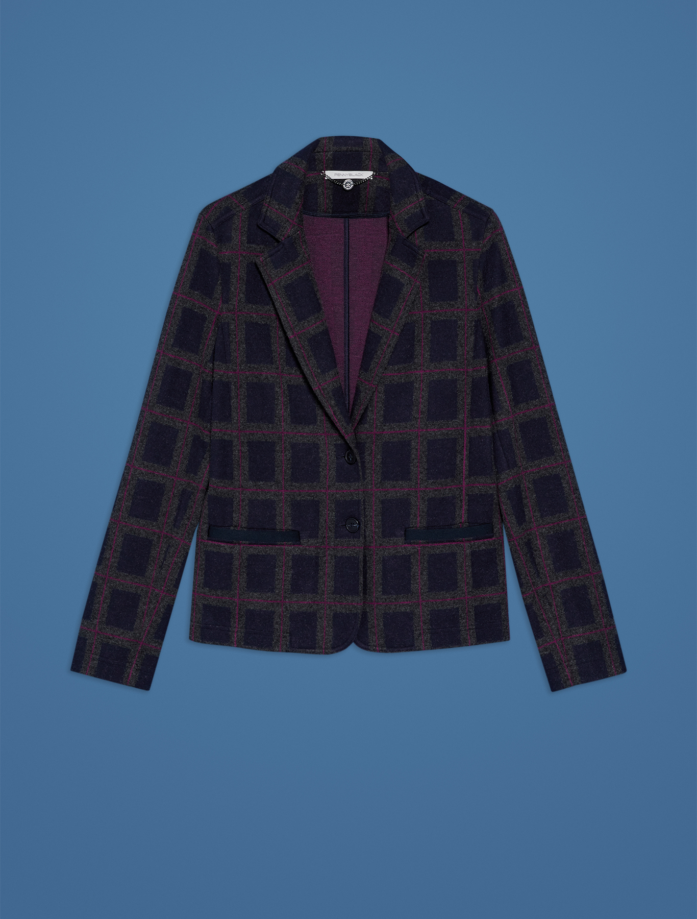 Slim fit blazer in jacquard jersey, navy blue pattern - Pennyblack Slim fit blazer in jacquard jersey - navy blue pattern - pennyblack