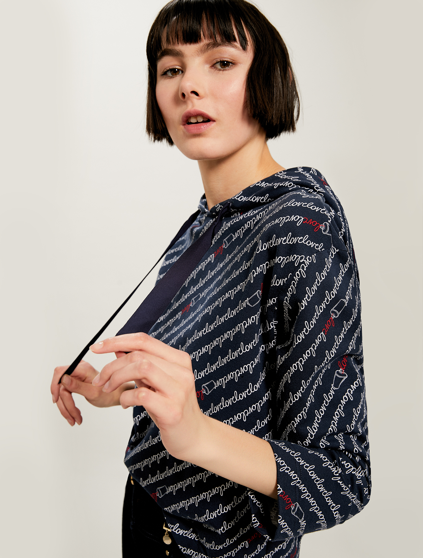 Hoodie with 'love' inscription, navy blue pattern - Pennyblack Hoodie with 'love' inscription - navy blue pattern - pennyblack