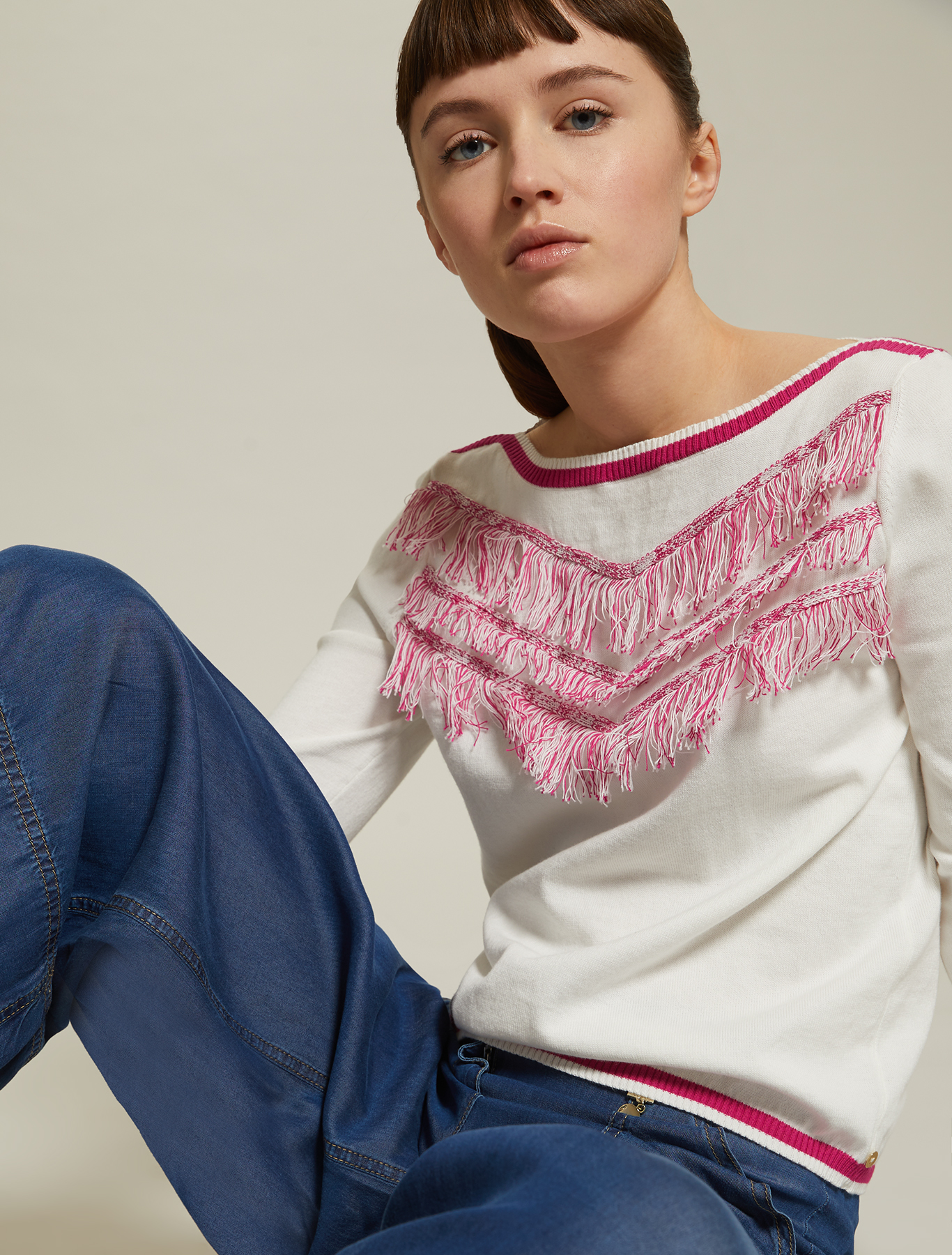 Cotton jumper with fringe, ivory - Pennyblack Cotton jumper with fringe - ivory - pennyblack