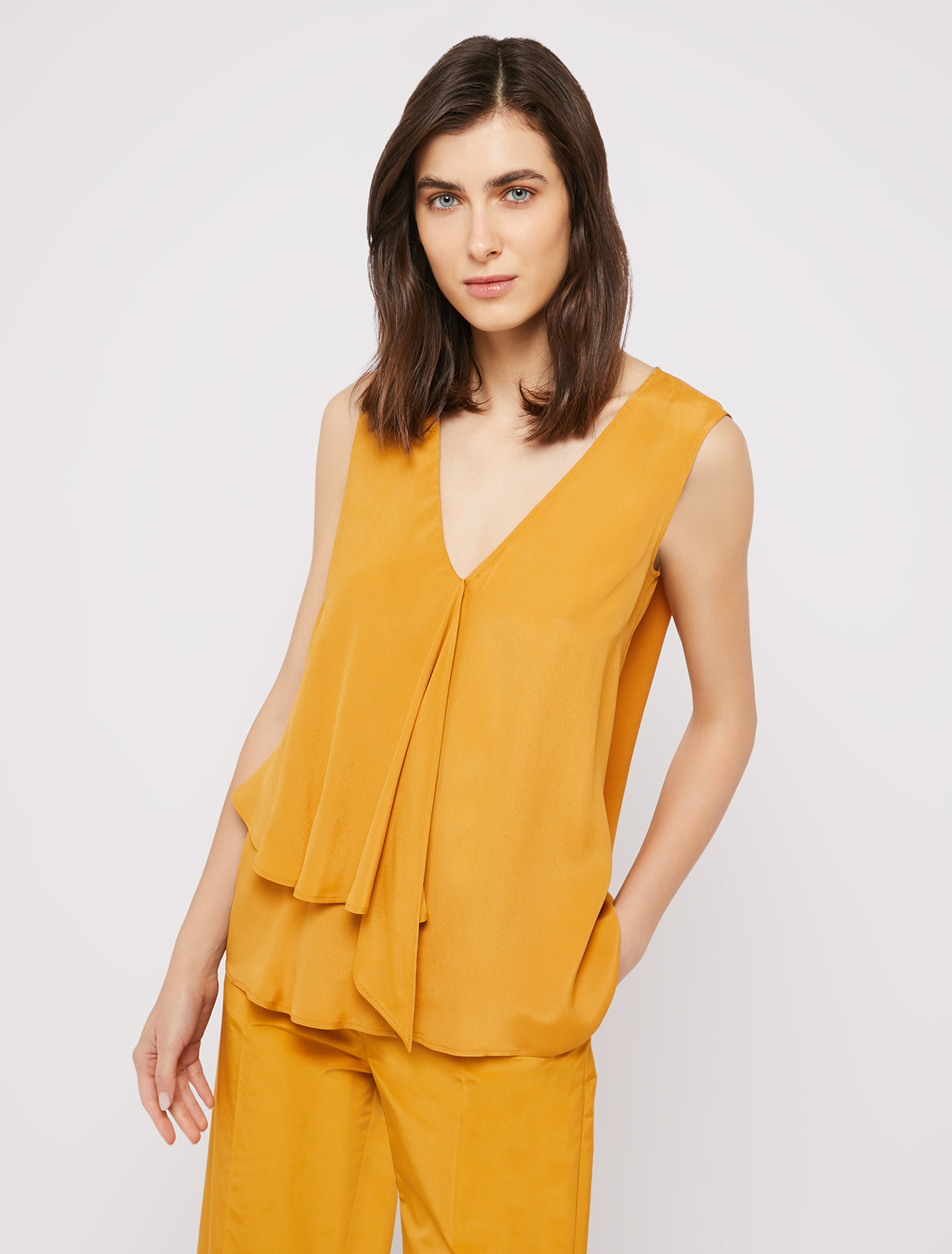 Crêpe de Chine top with ruffle, mustard | Pennyblack Crêpe de Chine top with ruffle - mustard - pennyblack