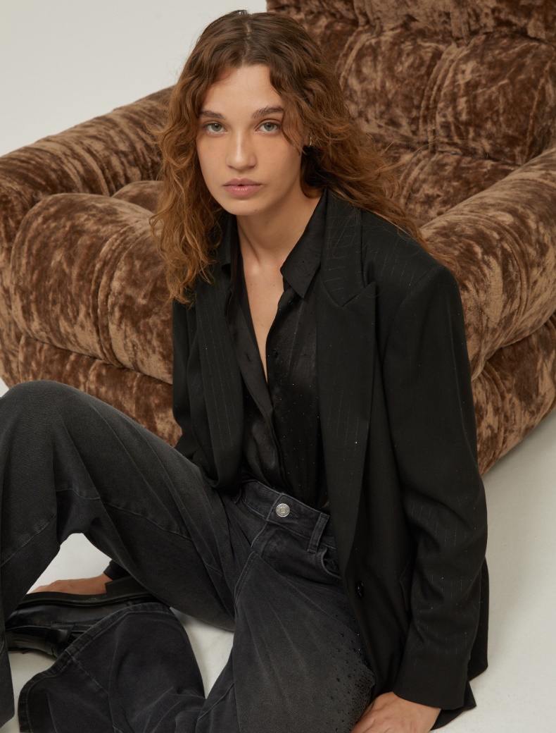 Sequin-adorned pinstripe blazer - BLACK - pennyblack