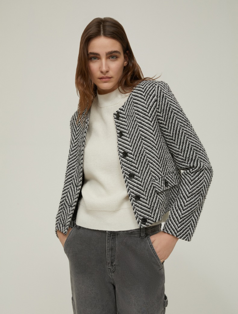Boxy-fit basketweave jacket - BLACK - pennyblack