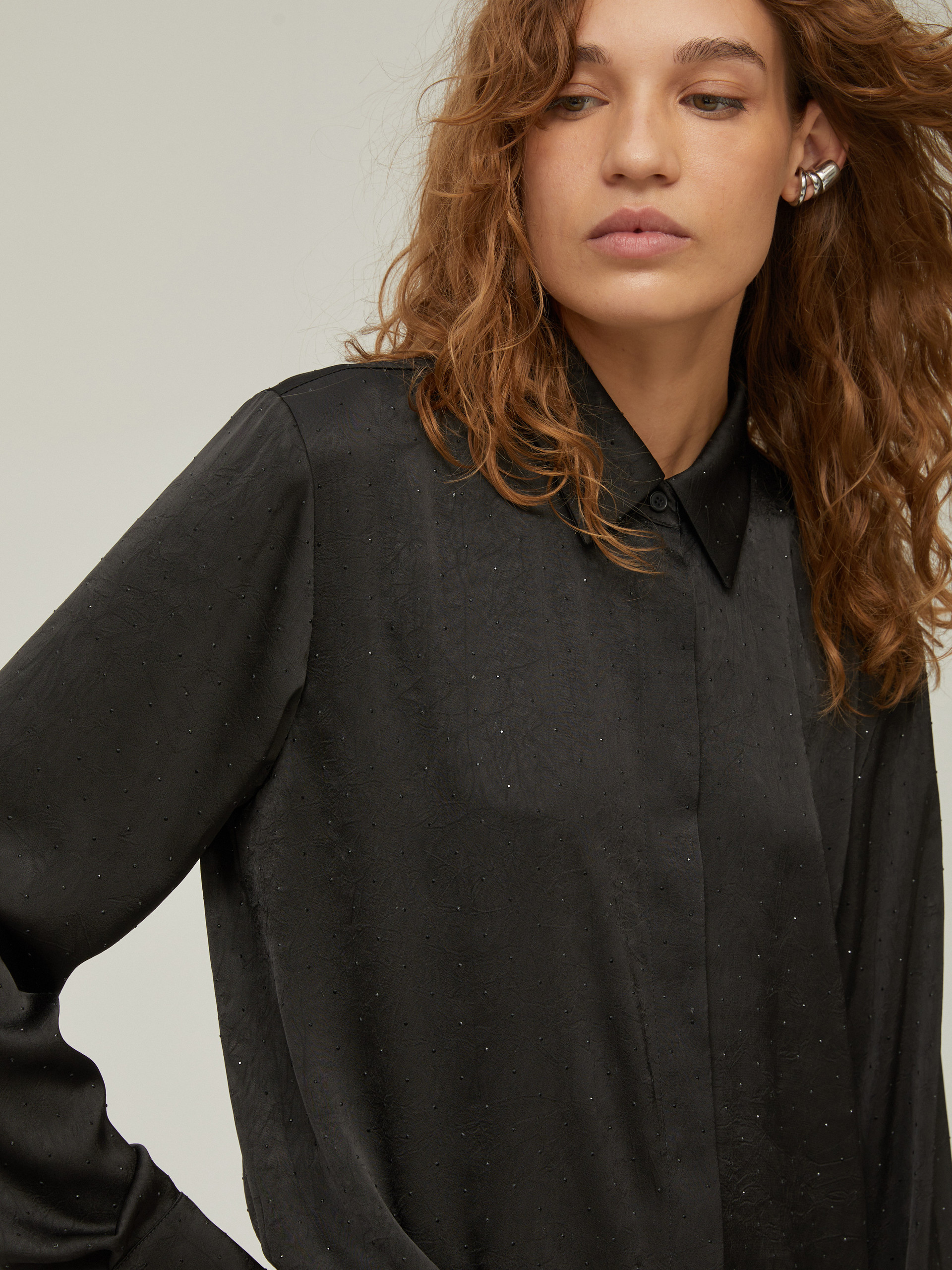 Satin shirt with microstud detail - BLACK - pennyblack
