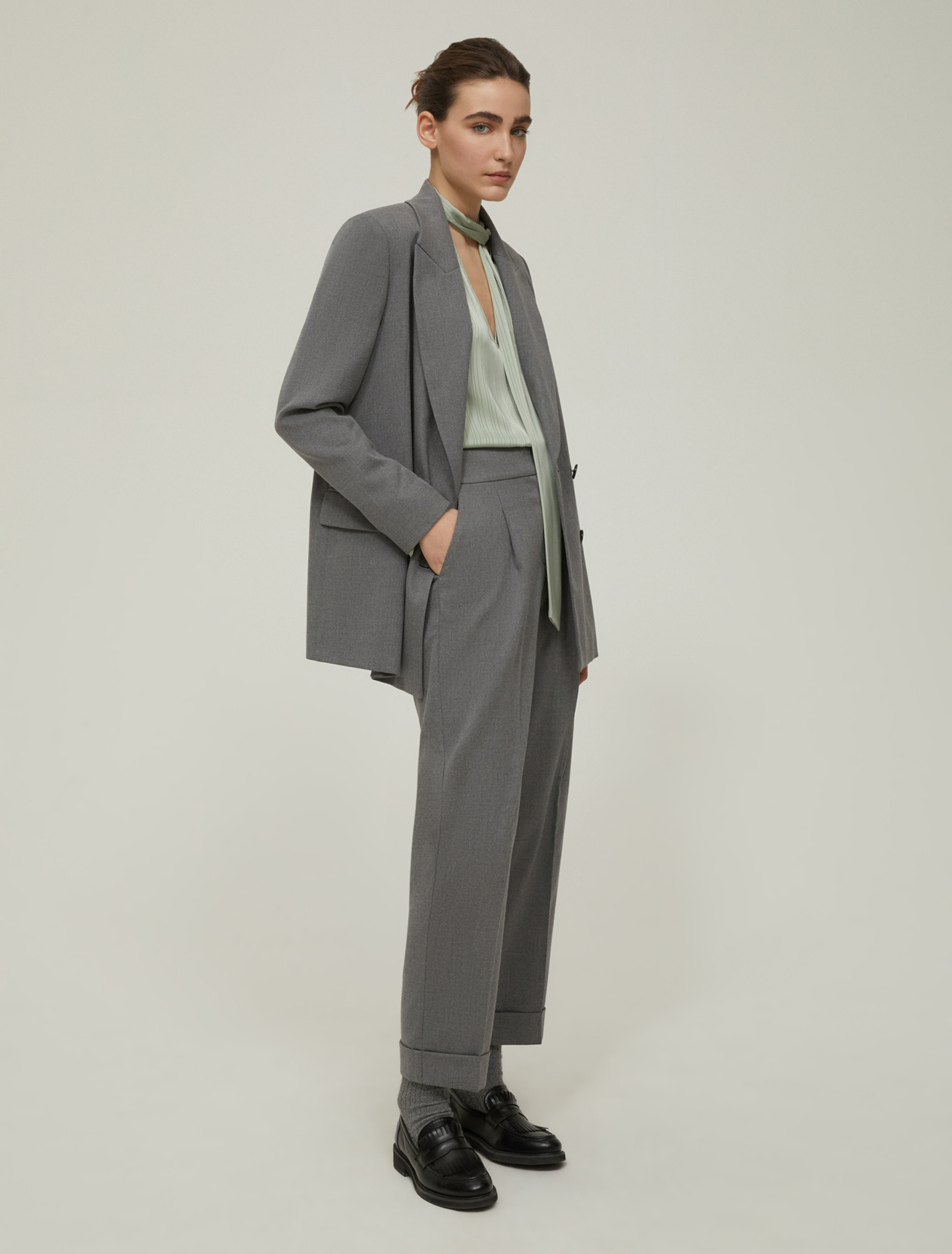 Stripe-textured satin blouse - SAGE - pennyblack