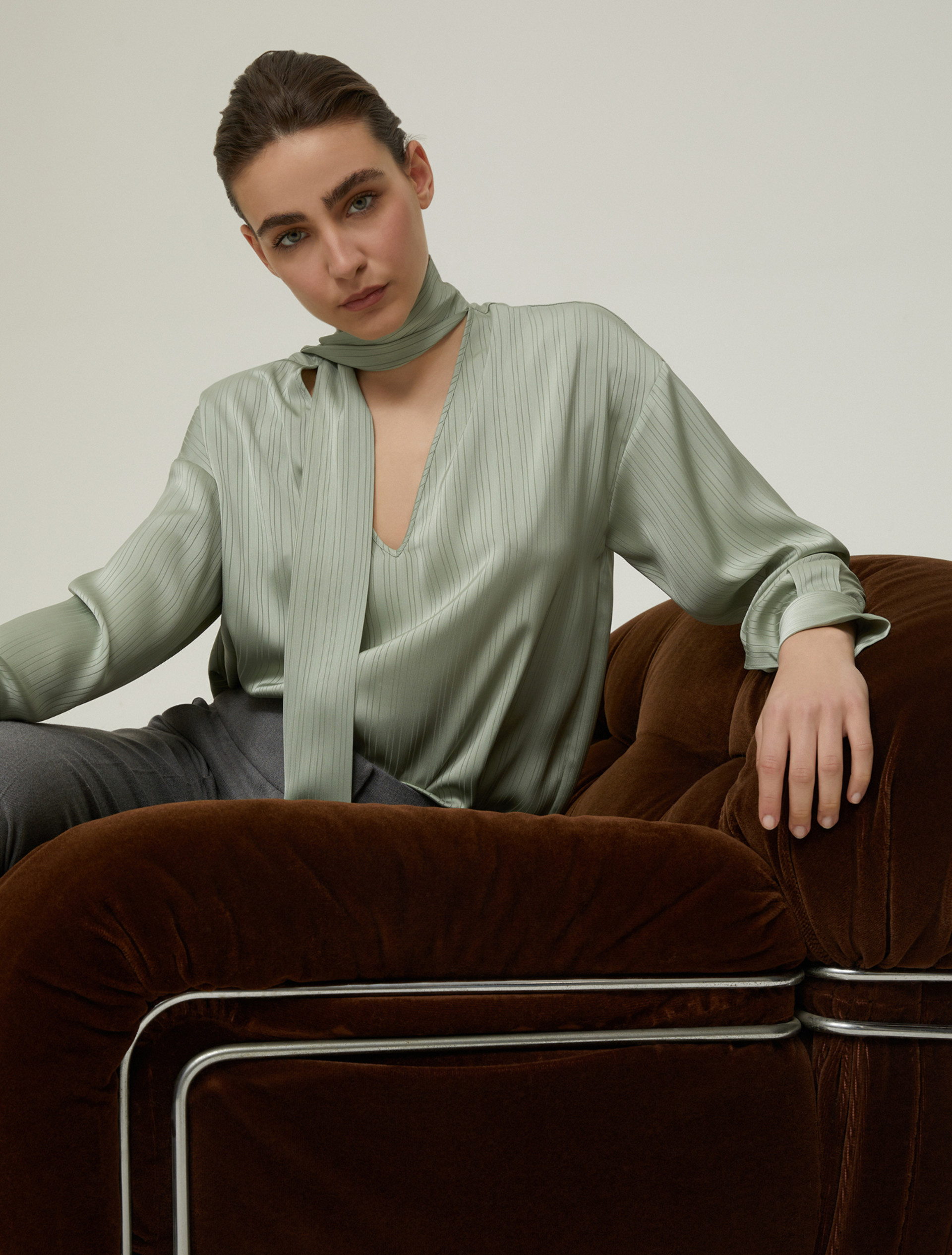 Stripe-textured satin blouse - SAGE - pennyblack