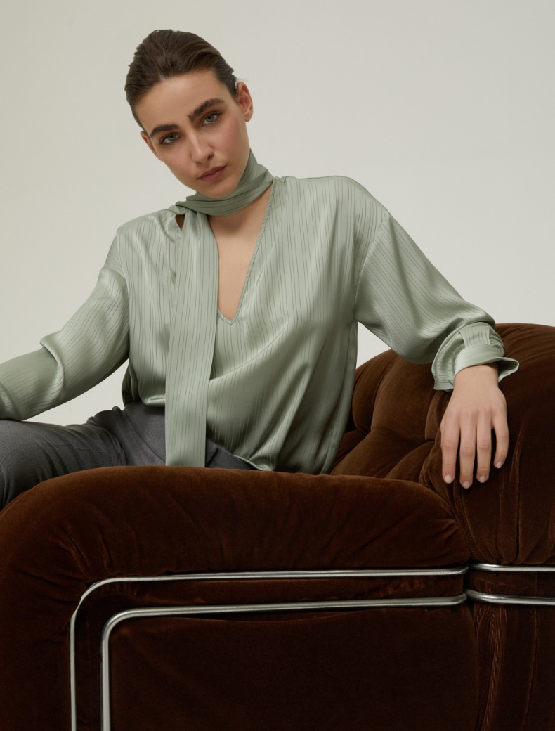 Stripe-textured satin blouse - SAGE - pennyblack