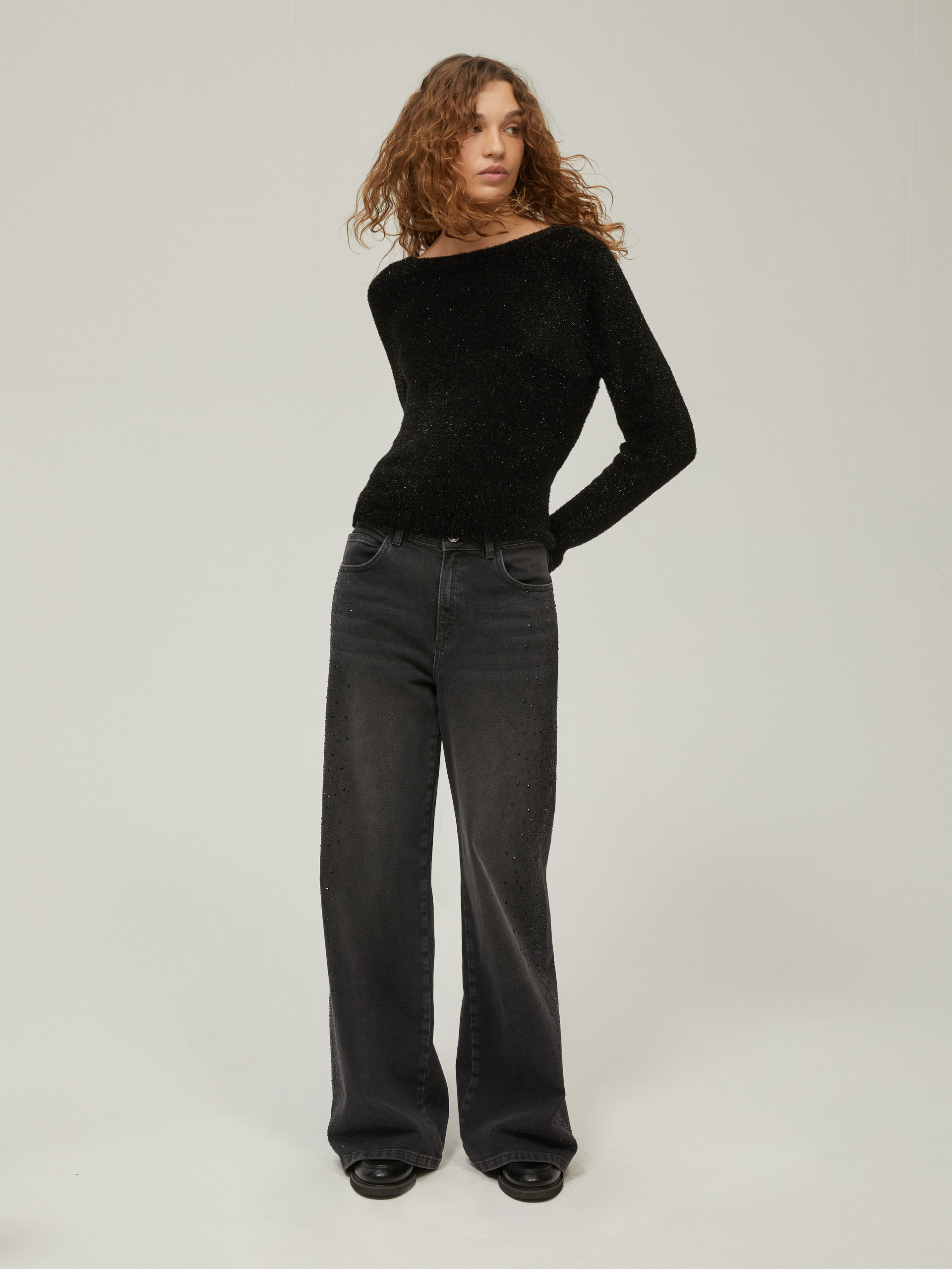 Wide-leg jeans with rhinestones - BLACK - pennyblack