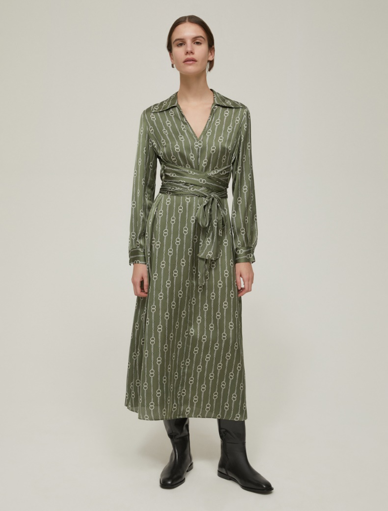Patterned satin midi dress - KAKI - pennyblack