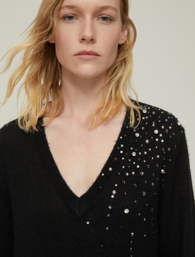 Rhinestone-adorned knit dress - BLACK - pennyblack