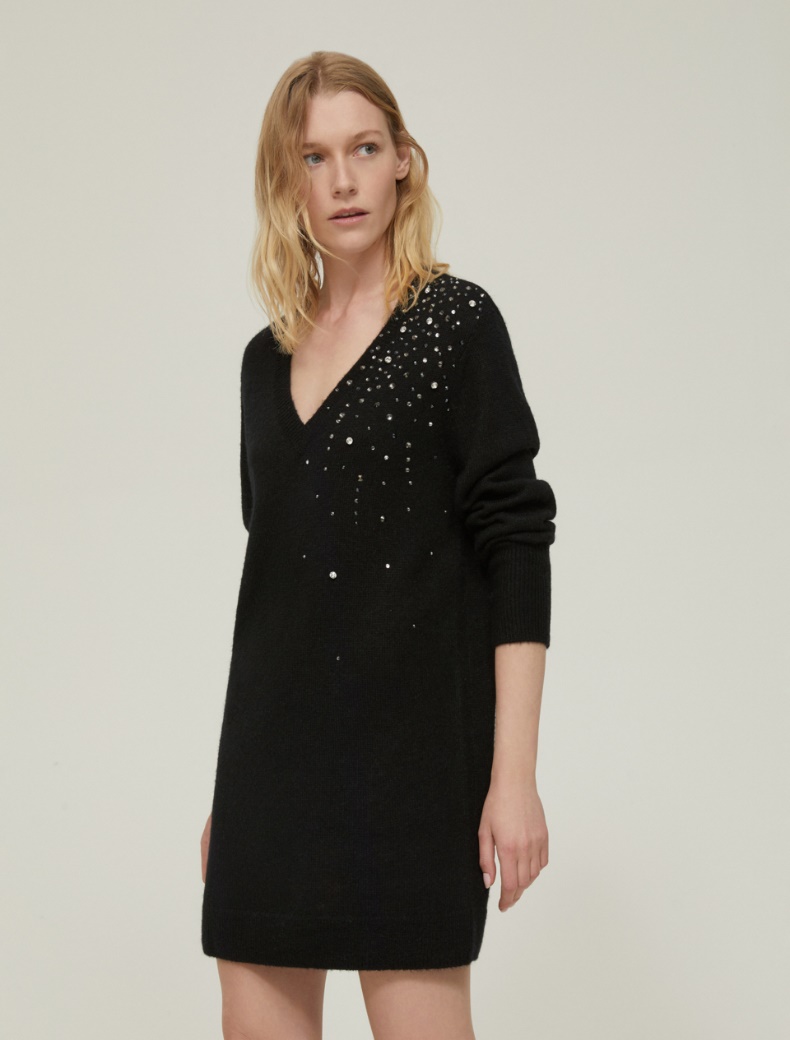 Rhinestone-adorned knit dress - BLACK - pennyblack