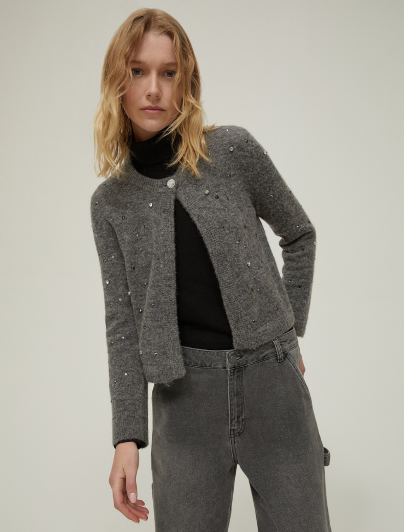 Rhinestone-detail boxy cardigan - MELANGE GREY - pennyblack