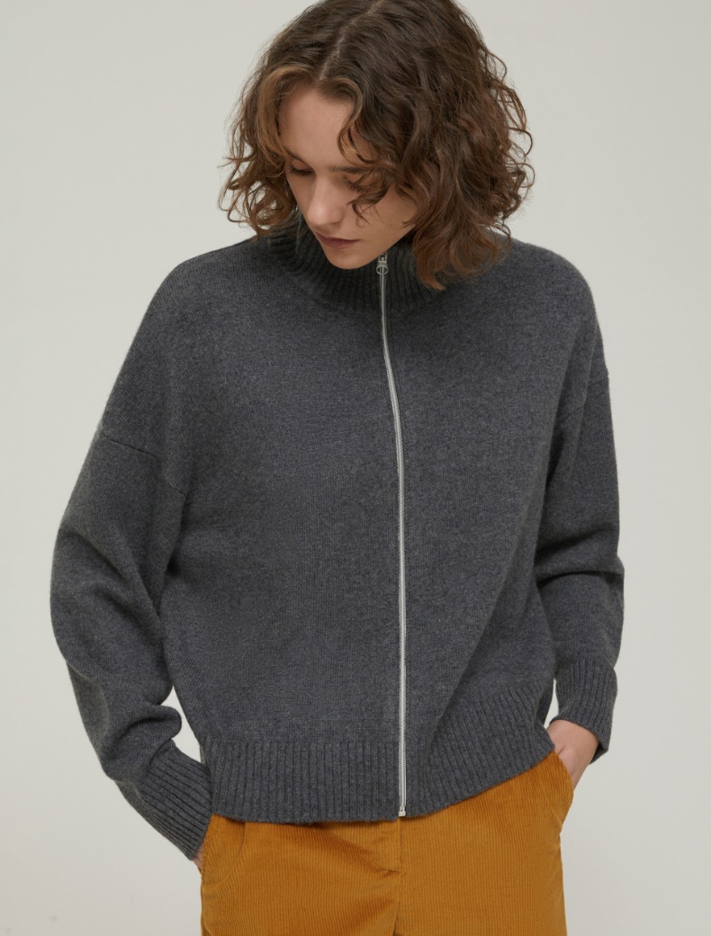 Wool-blend zip-up cardigan - MELANGE DARK GREY - pennyblack