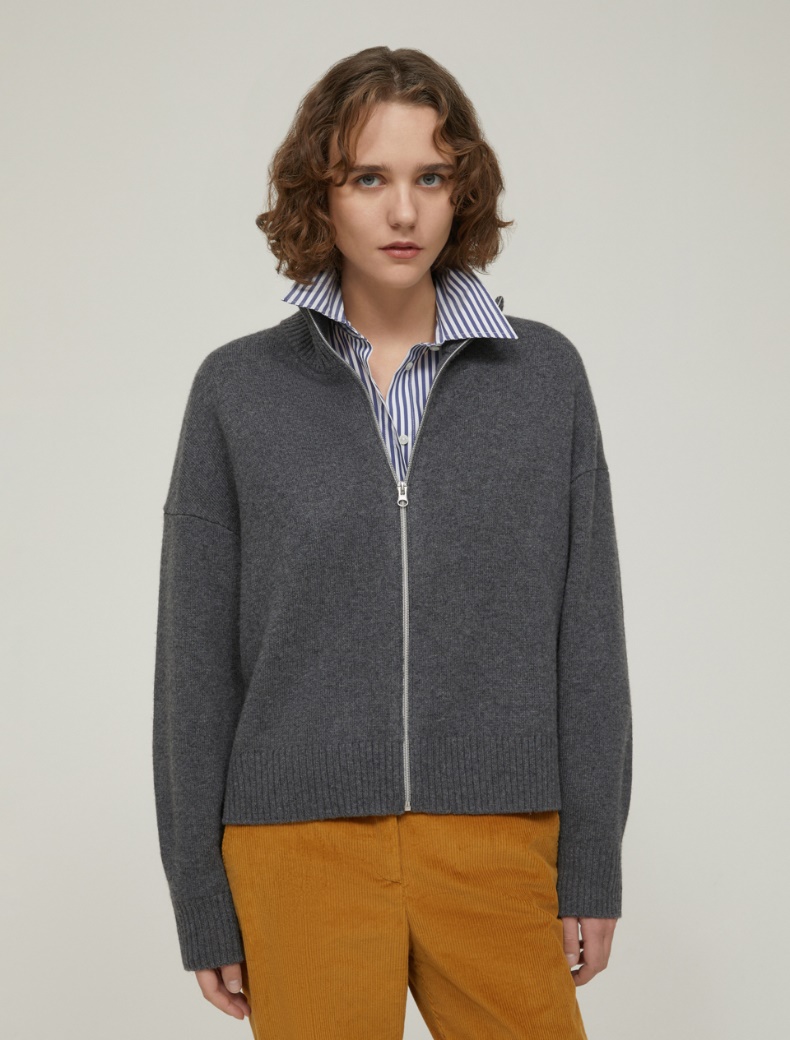 Wool-blend zip-up cardigan - MELANGE DARK GREY - pennyblack