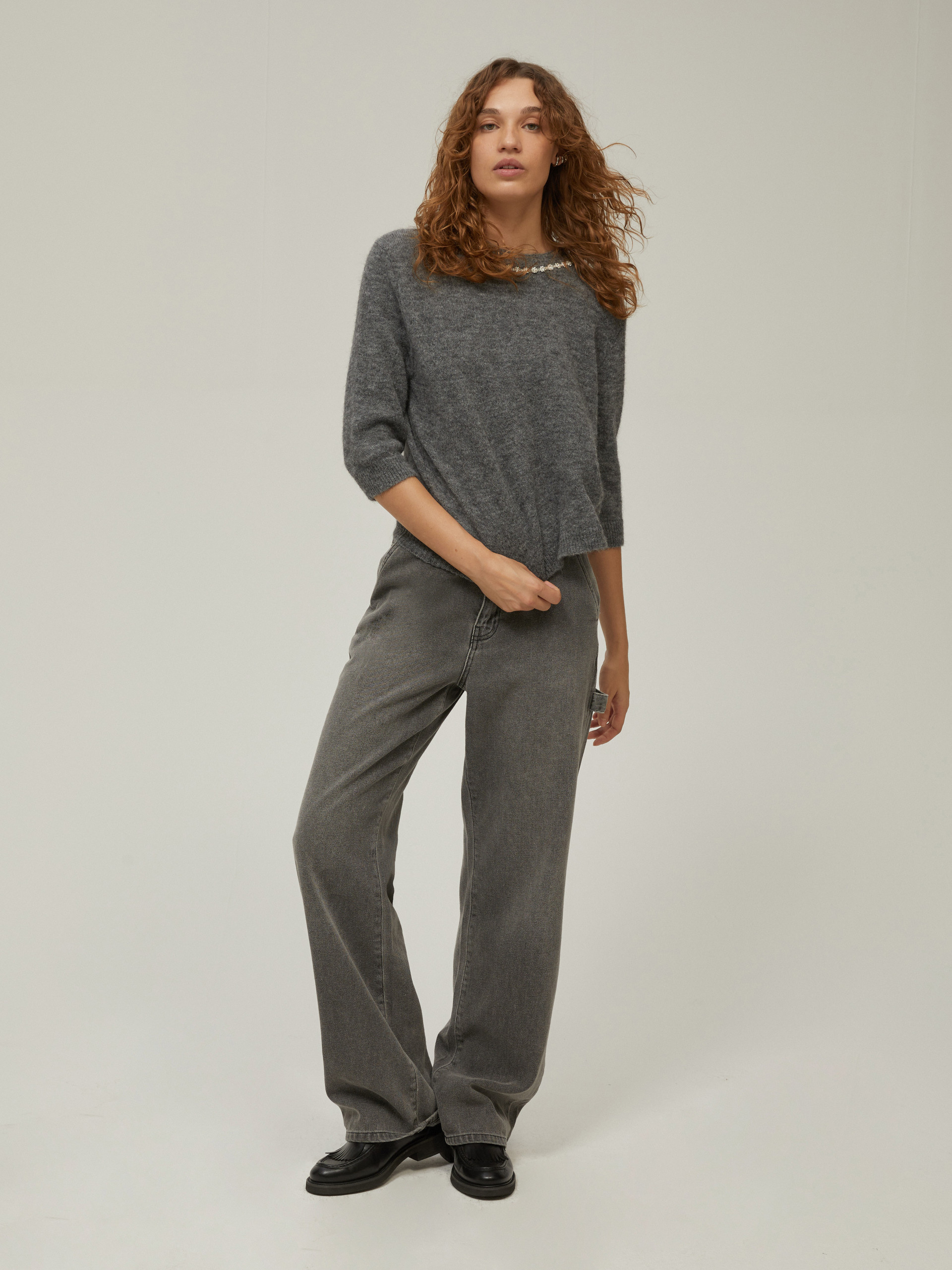 Bejewelled crew-neck sweater - MELANGE GREY - pennyblack