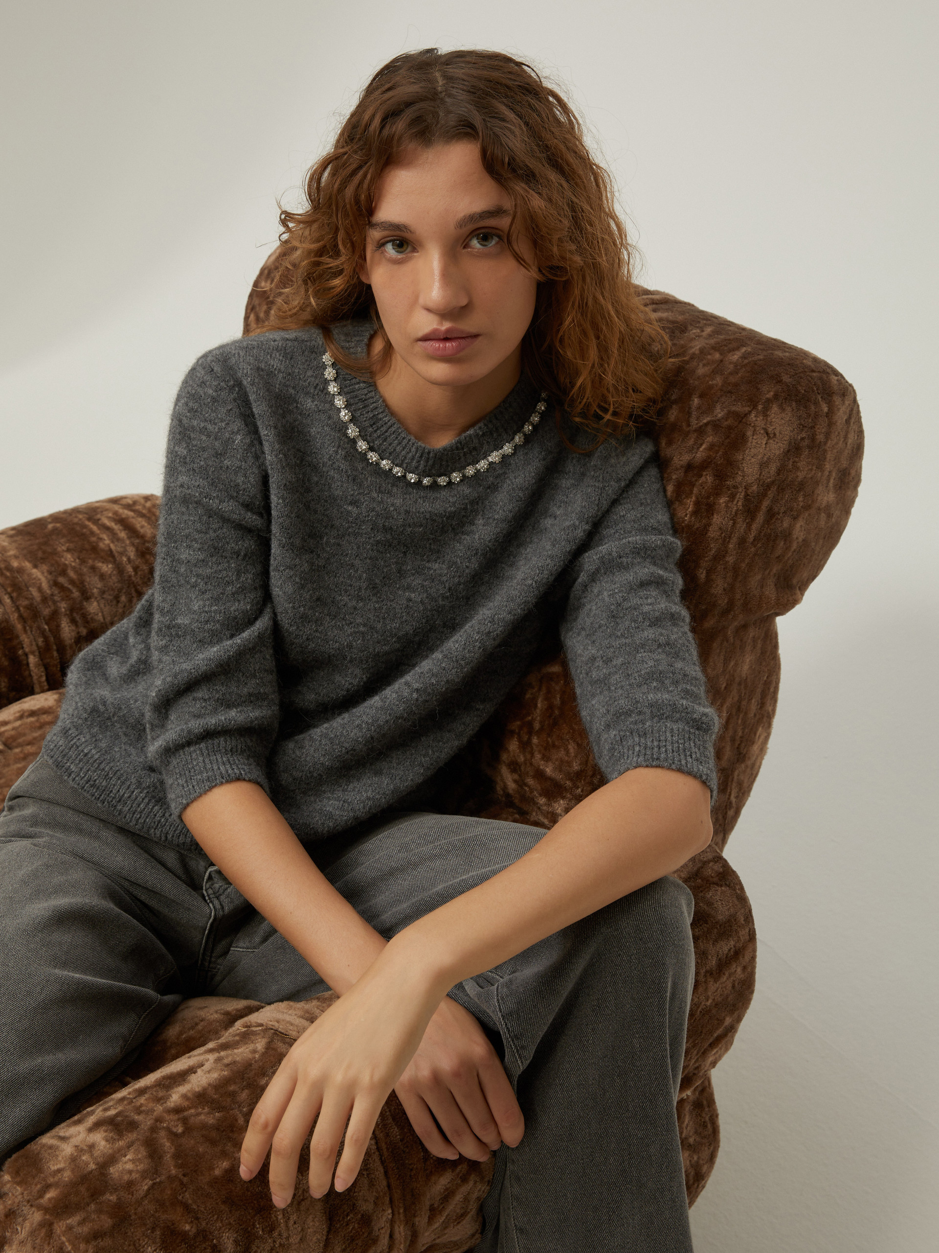Bejewelled crew-neck sweater - MELANGE GREY - pennyblack