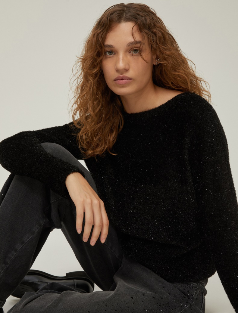 Fluffy lamé knit sweater - BLACK - pennyblack