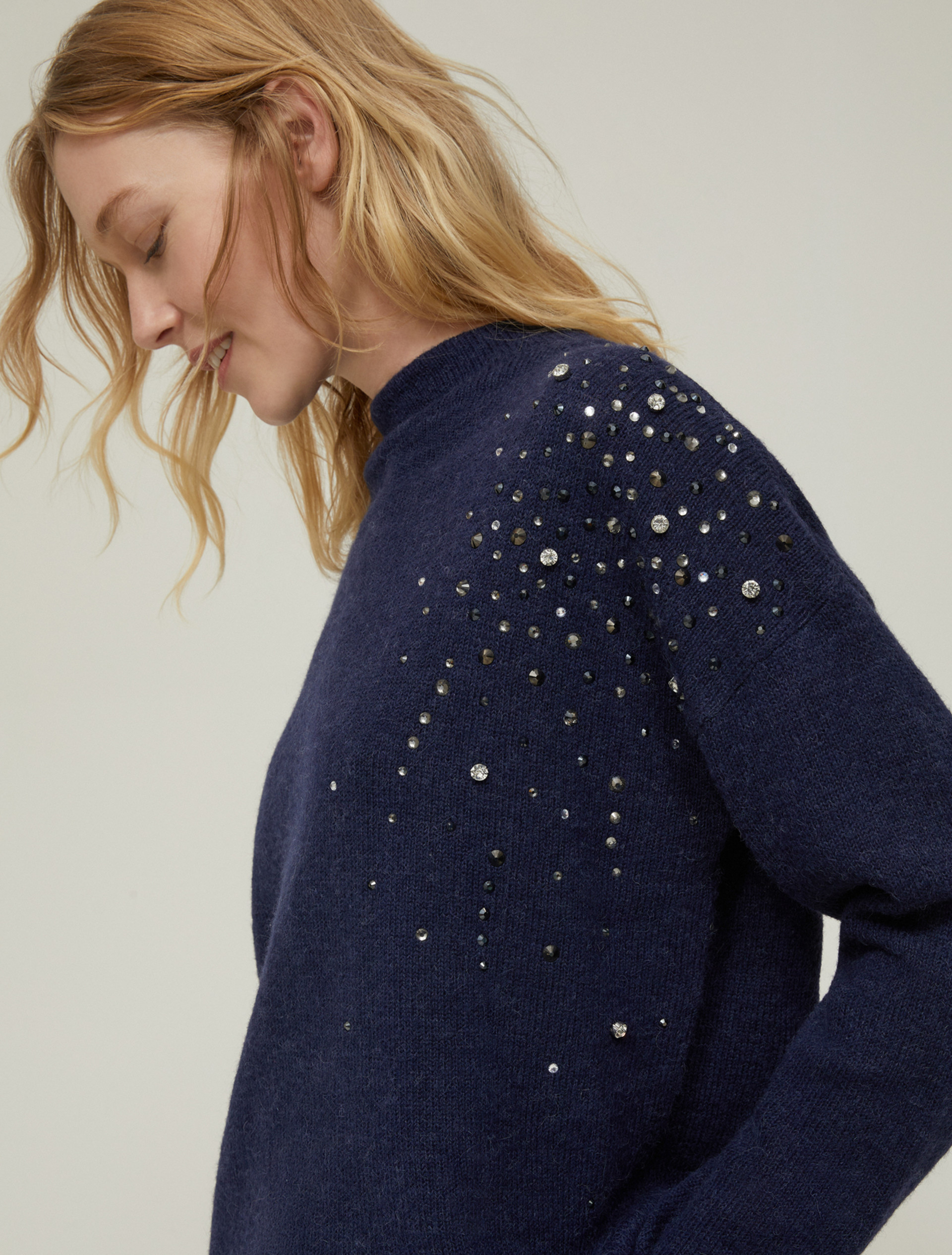 Rhinestone-adorned alpaca-blend sweater - NAVY - pennyblack