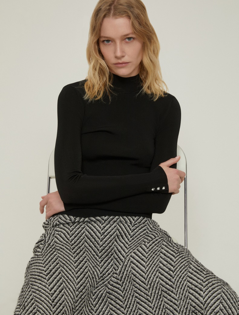 Jewel-button mock polo-neck sweater - BLACK - pennyblack