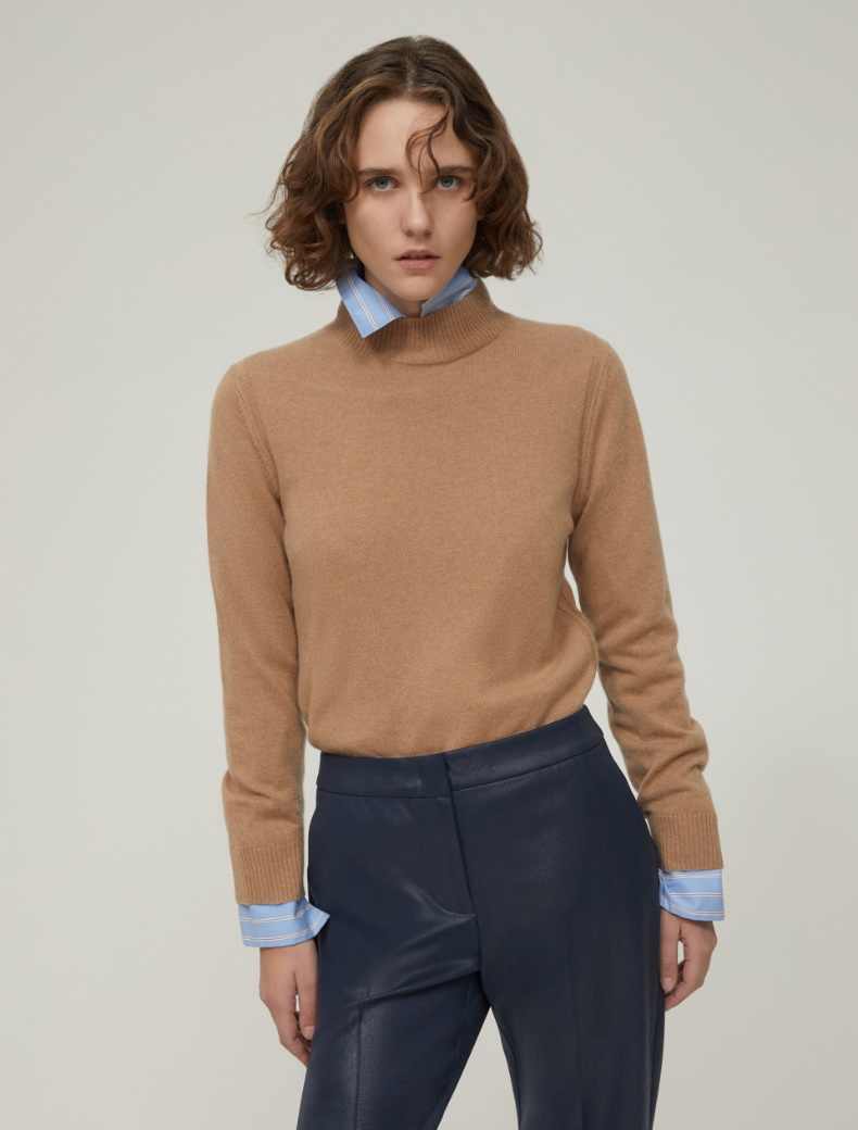 Pure cashmere mock polo-neck sweater - CAMEL - pennyblack