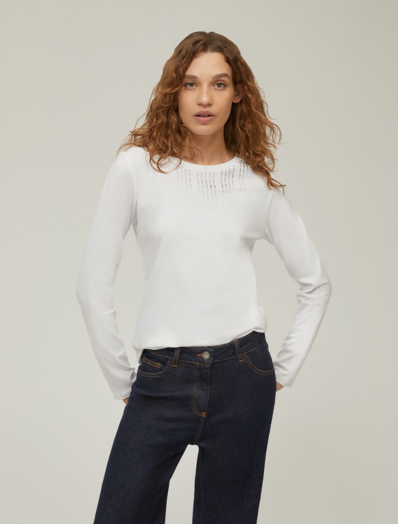 Rhinestone cotton T-shirt - WHITE - pennyblack