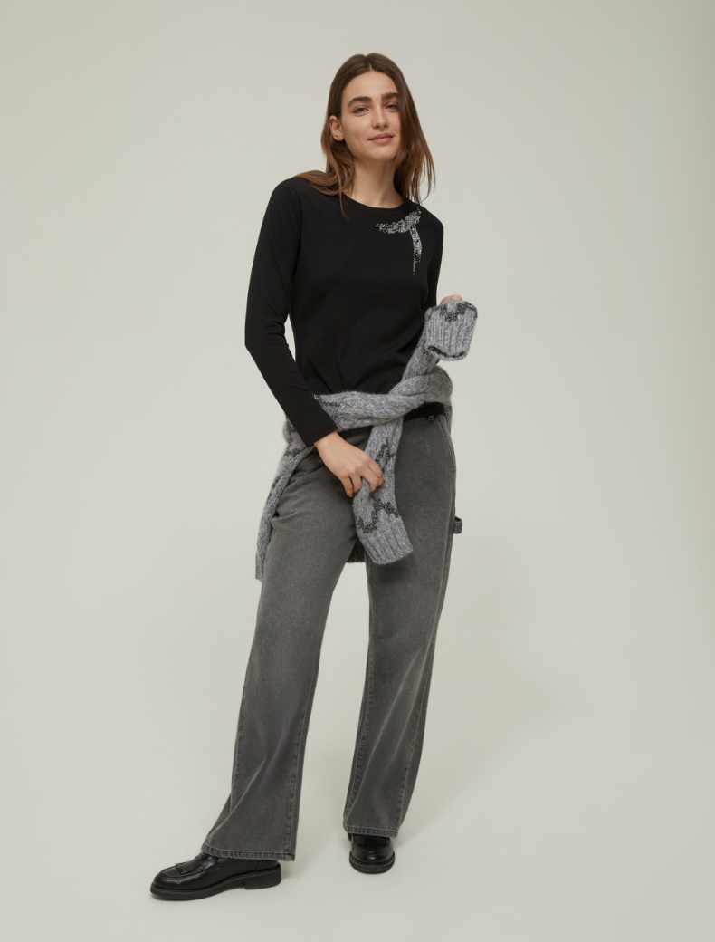 Rhinestone cotton T-shirt - BLACK - pennyblack