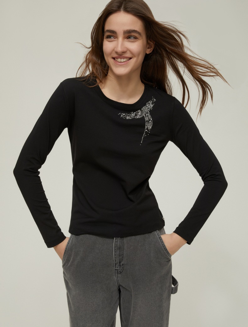 Rhinestone cotton T-shirt - BLACK - pennyblack