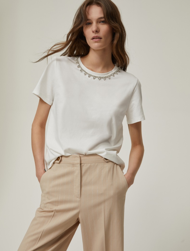 Cotton T-shirt with rhinestones - WOOL WHITE - pennyblack