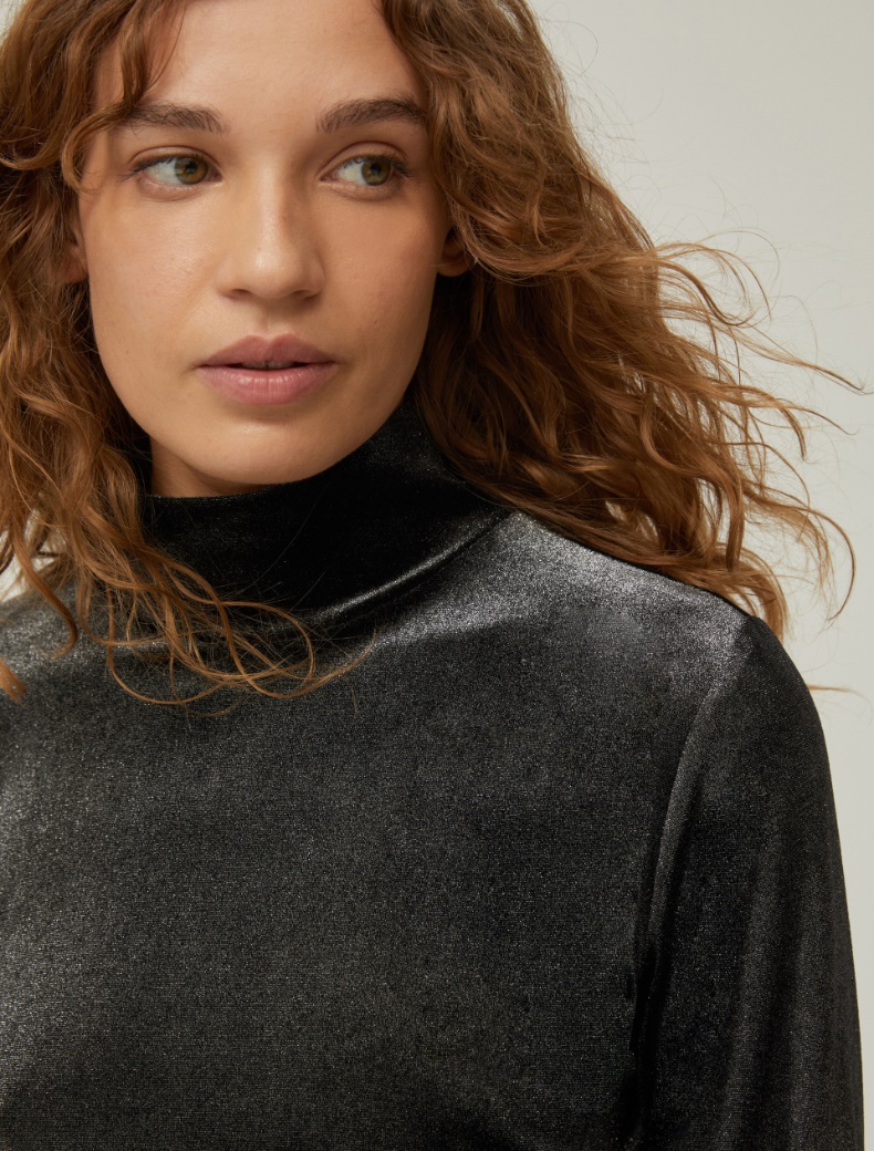 Laminated jersey mock polo-neck sweater - SILVER - pennyblack