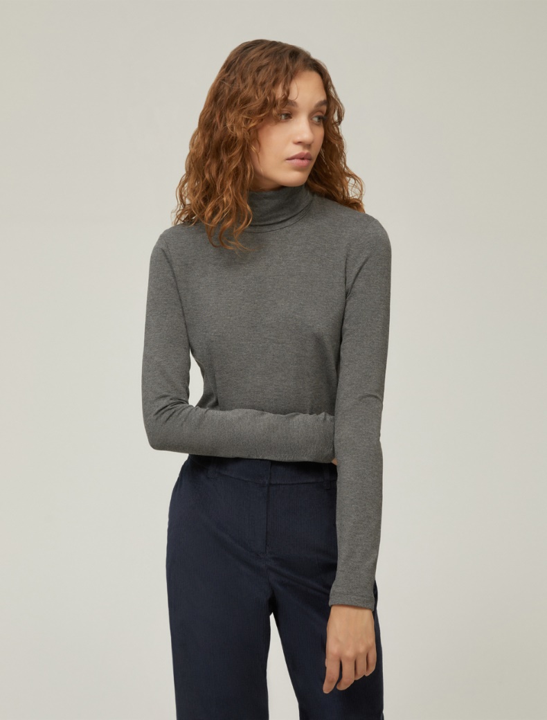 Stretch jersey polo-neck sweater - MELANGE GREY - pennyblack