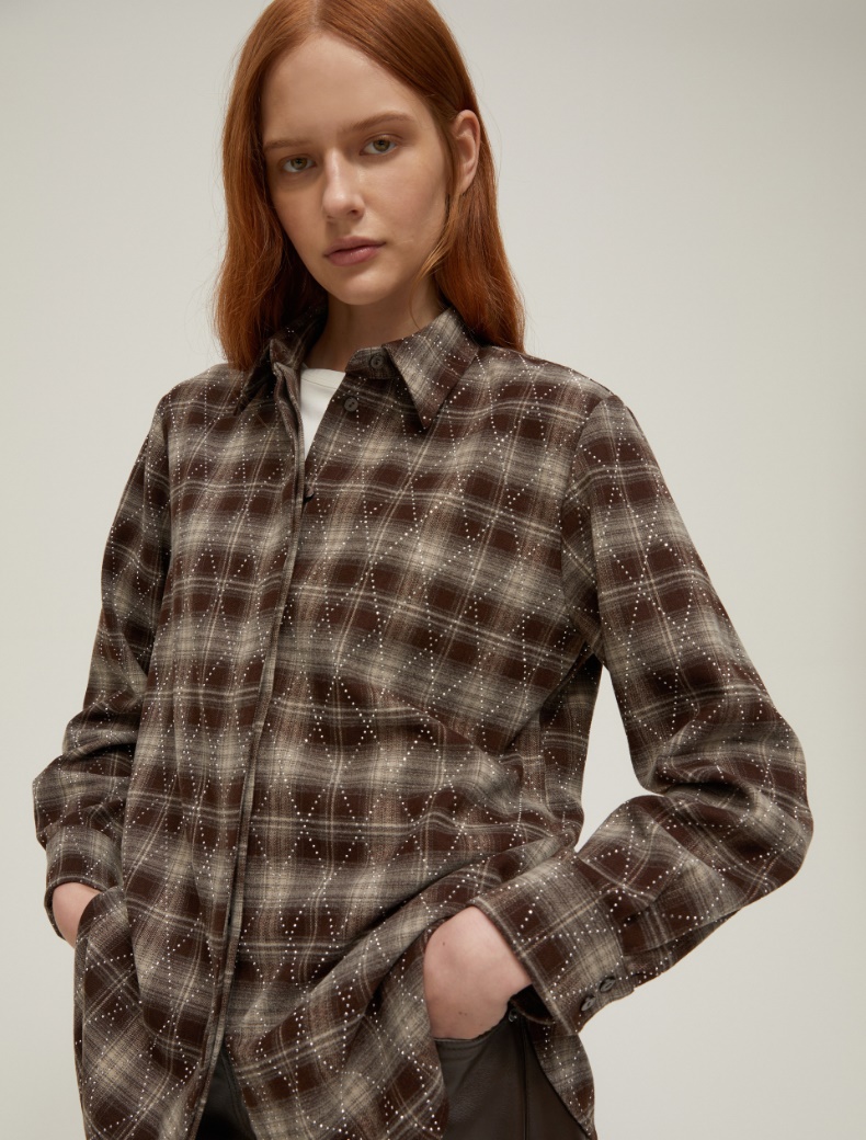 Rhinestone flannel shirt - DARK BROWN - pennyblack