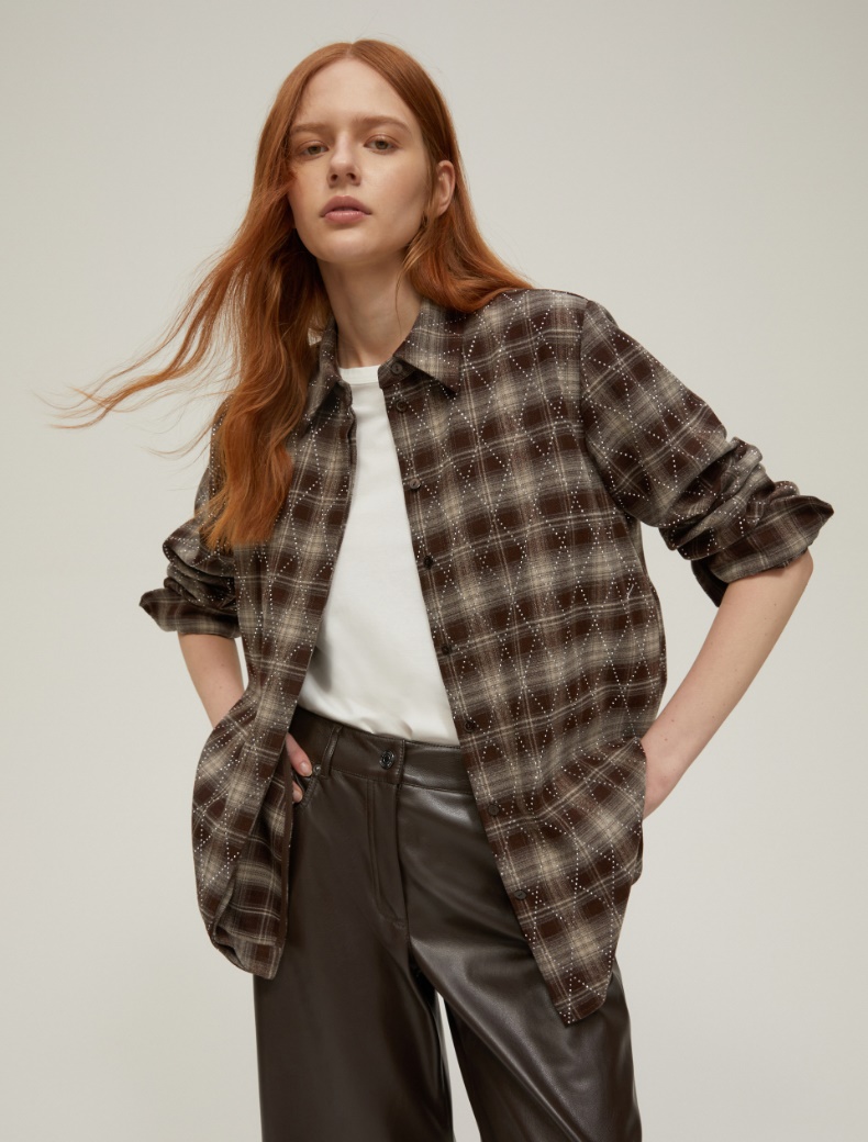 Rhinestone flannel shirt - DARK BROWN - pennyblack