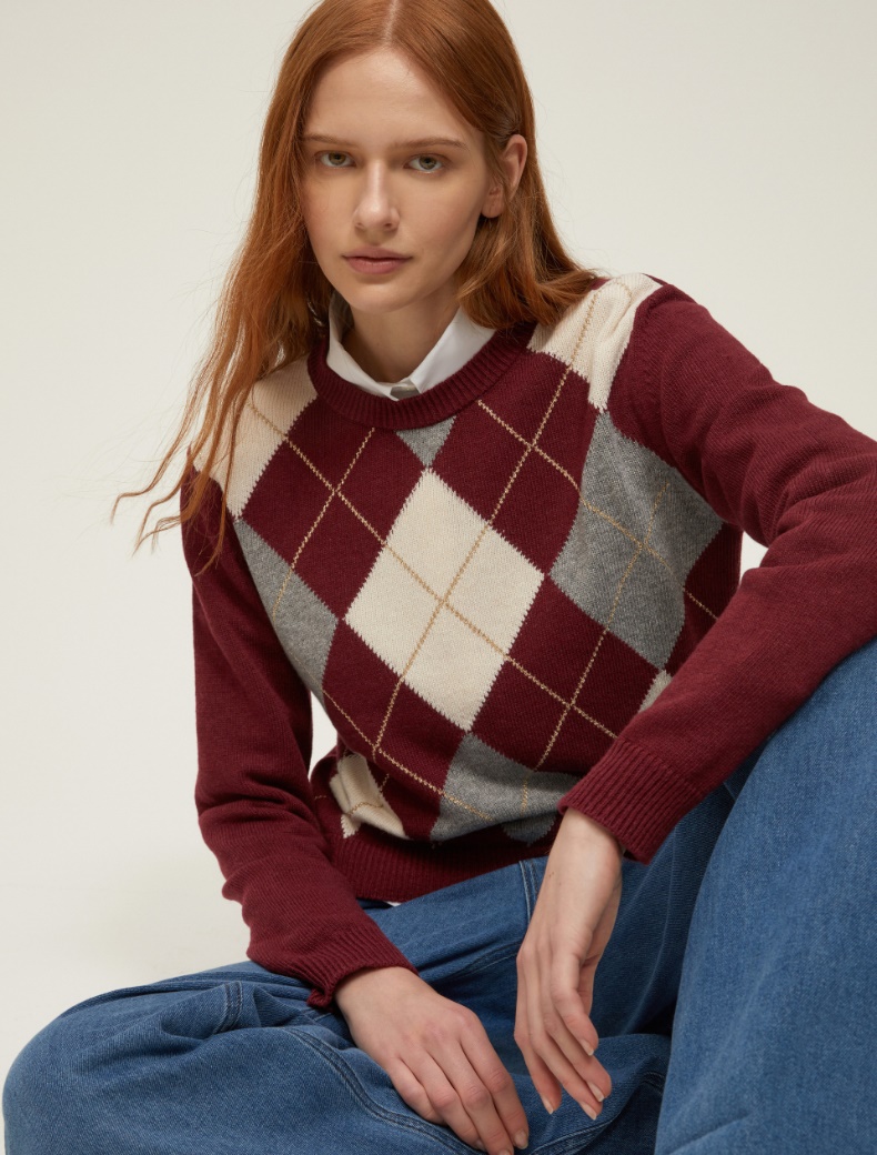 Lurex-embellished Argyle sweater - BORDEAUX - pennyblack