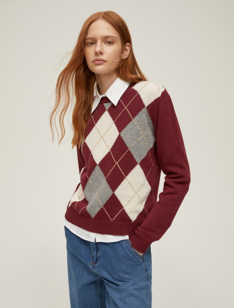 Lurex-embellished Argyle sweater - BORDEAUX - pennyblack
