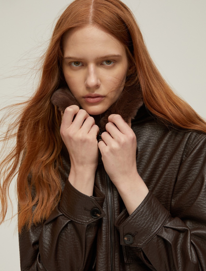 Coated-finish aviator jacket - DARK BROWN - pennyblack