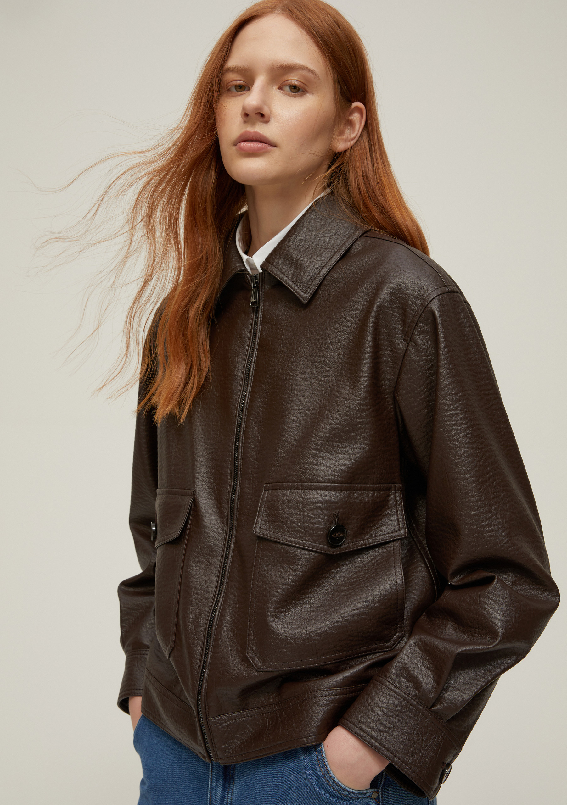 Coated-finish aviator jacket - DARK BROWN - pennyblack