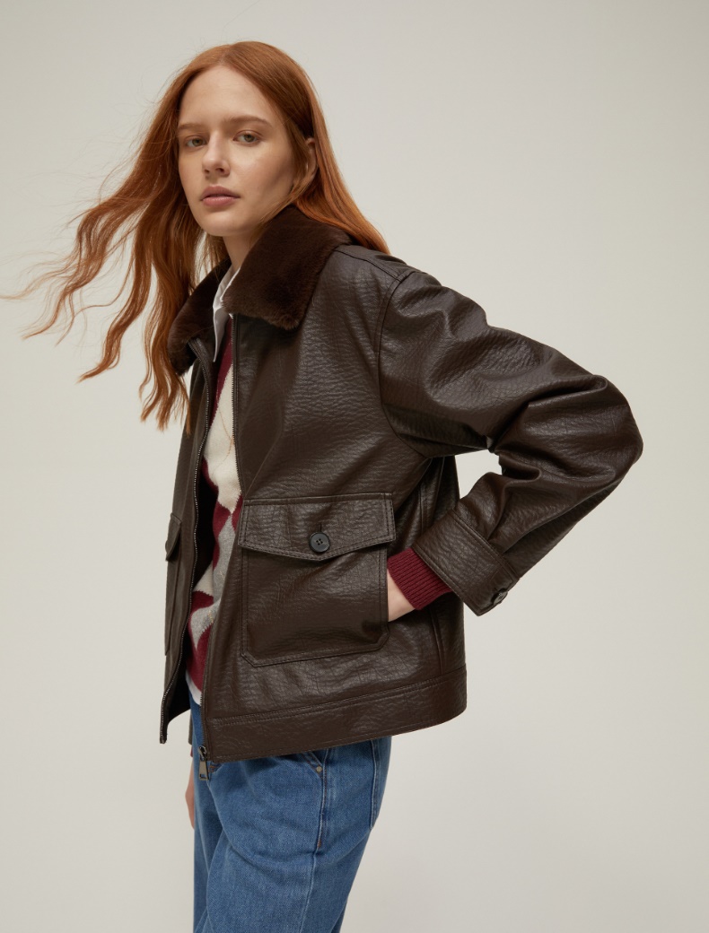 Coated-finish aviator jacket - DARK BROWN - pennyblack