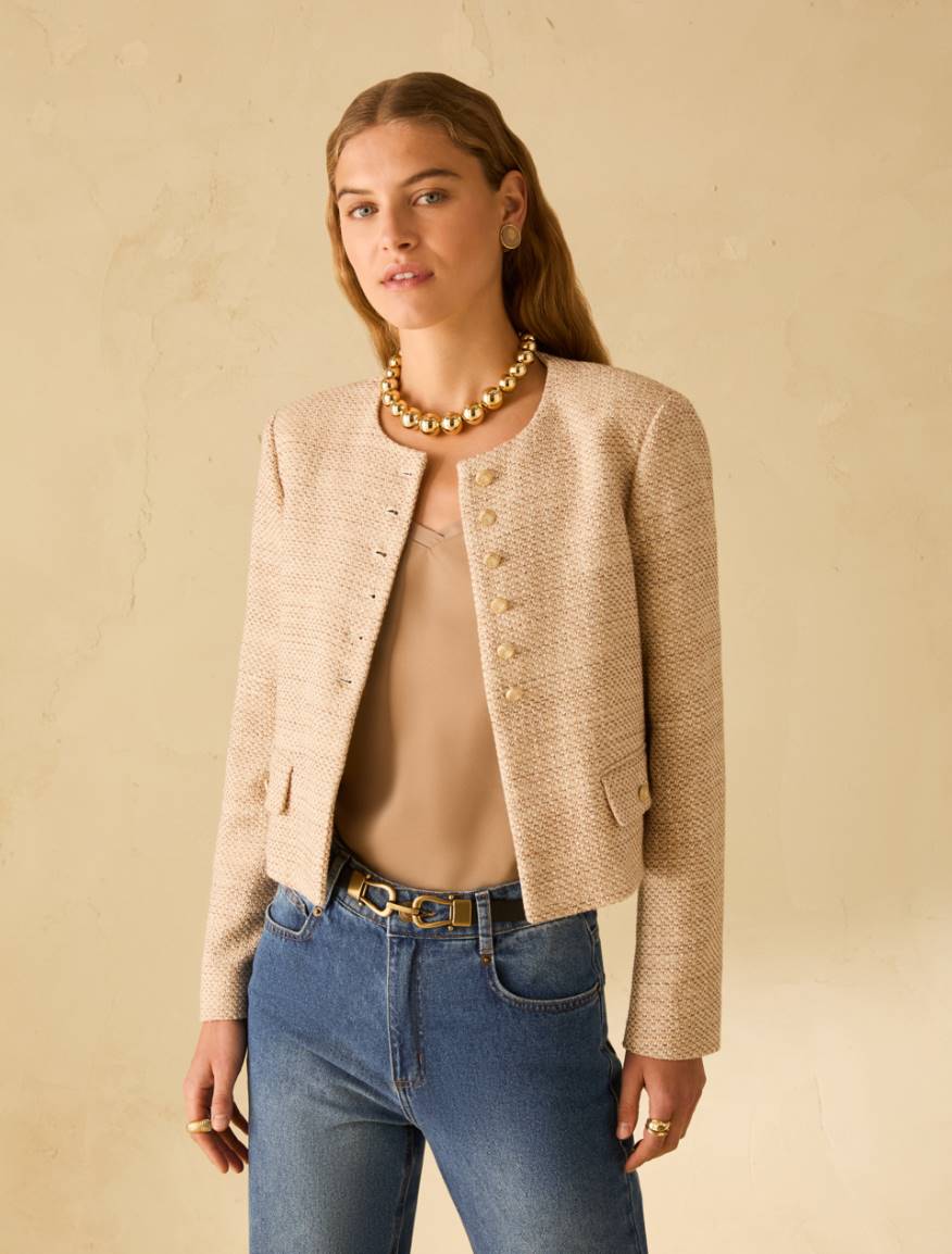 Lamé basketweave boxy jacket - NATURAL - Pennyblack