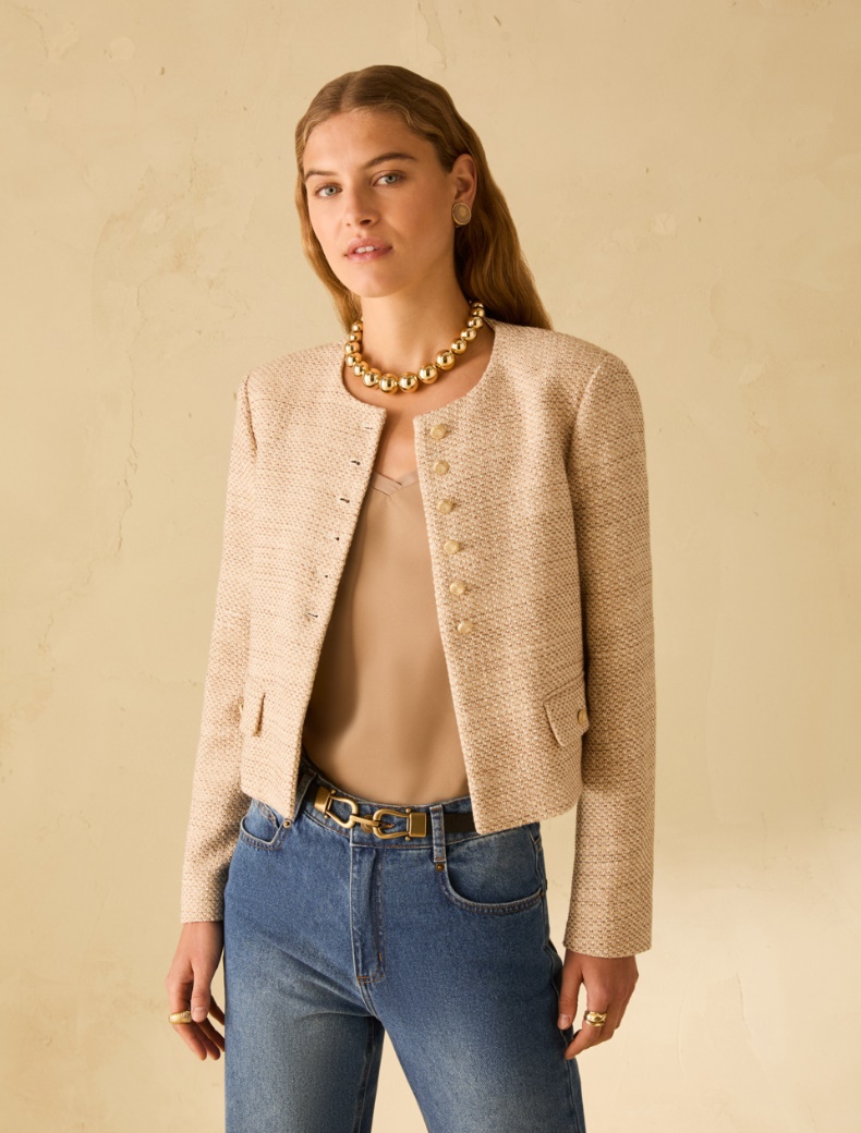 Lamé basketweave boxy jacket - NATURAL - pennyblack