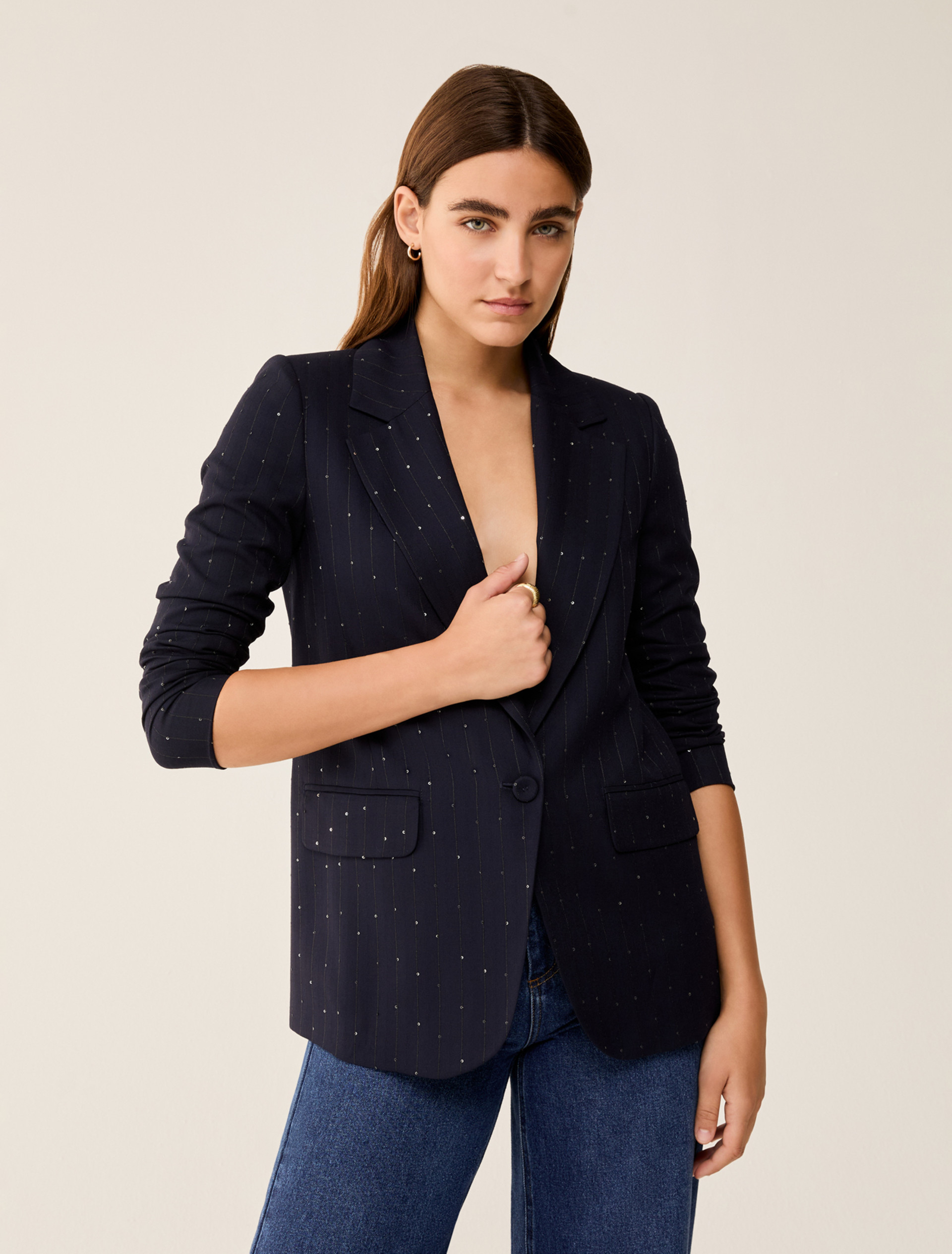 Pinstriped blazer with sequins - NAVY - pennyblack