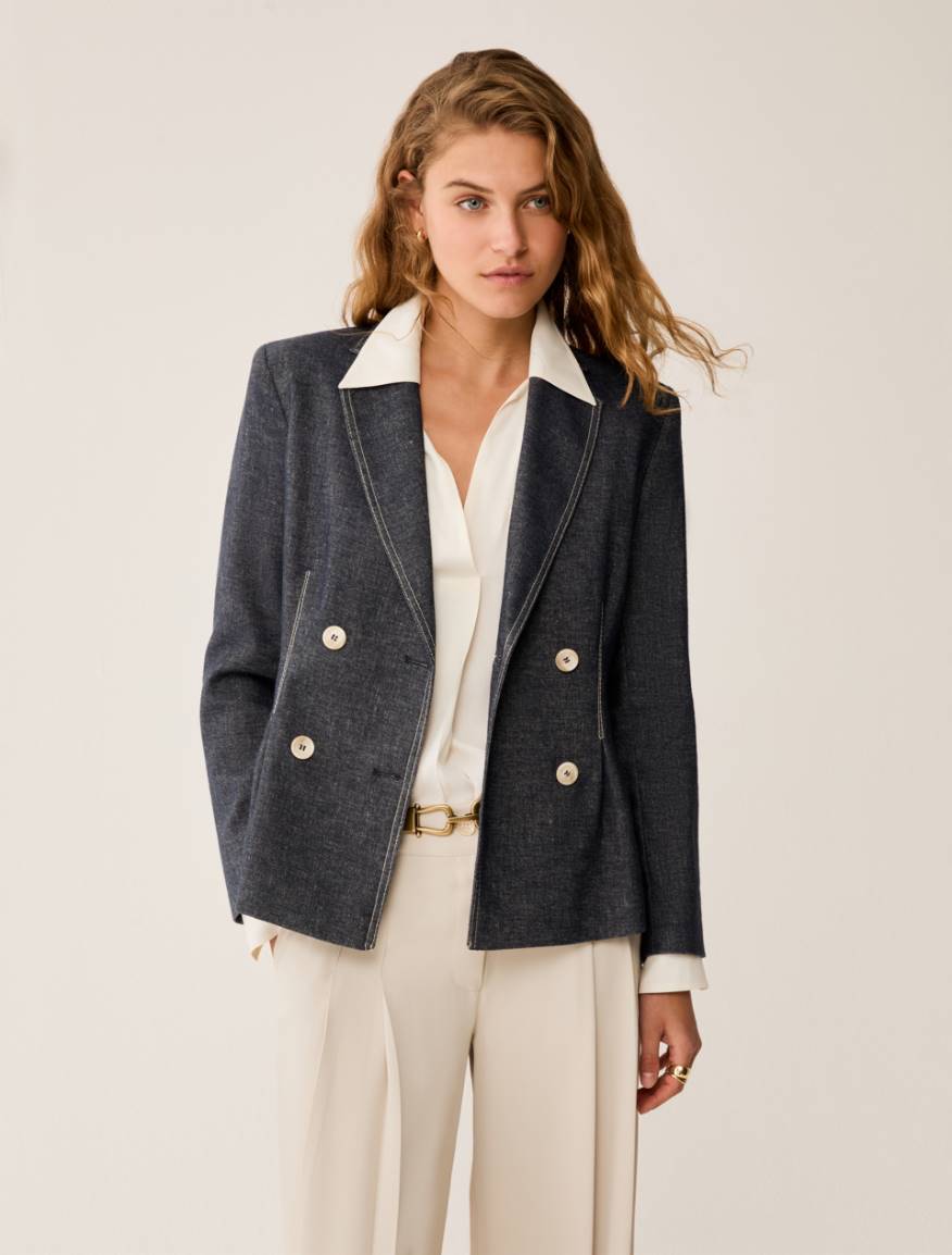 Slim-fit cotton and linen blazer - NAVY - Pennyblack