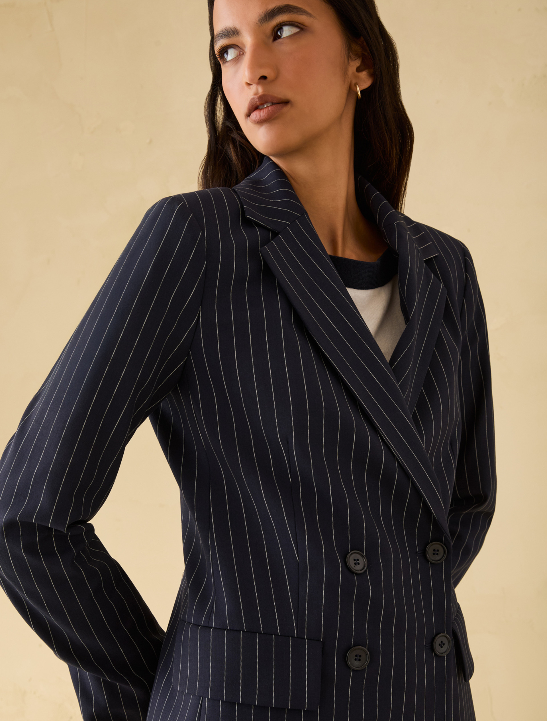 Pinstripe double-breasted blazer - NAVY - pennyblack