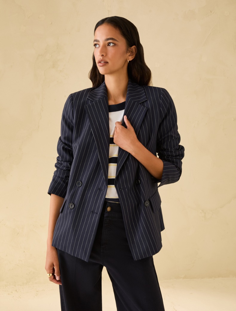 Pinstripe double-breasted blazer - NAVY - pennyblack