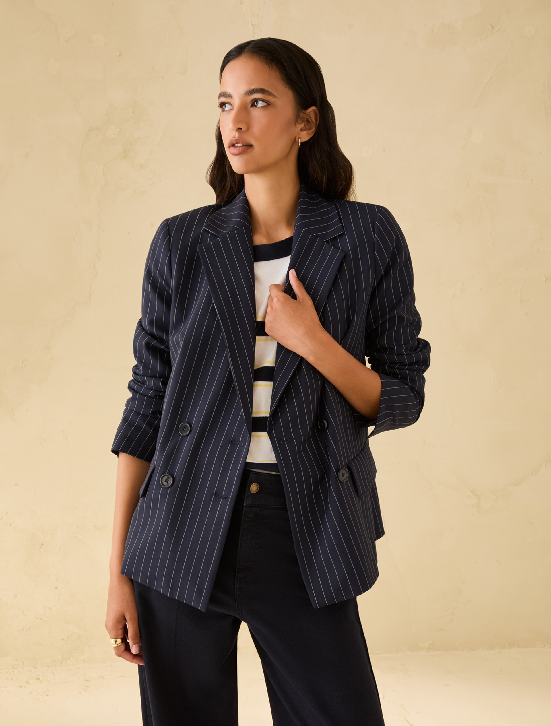 Pinstripe double-breasted blazer - NAVY - pennyblack