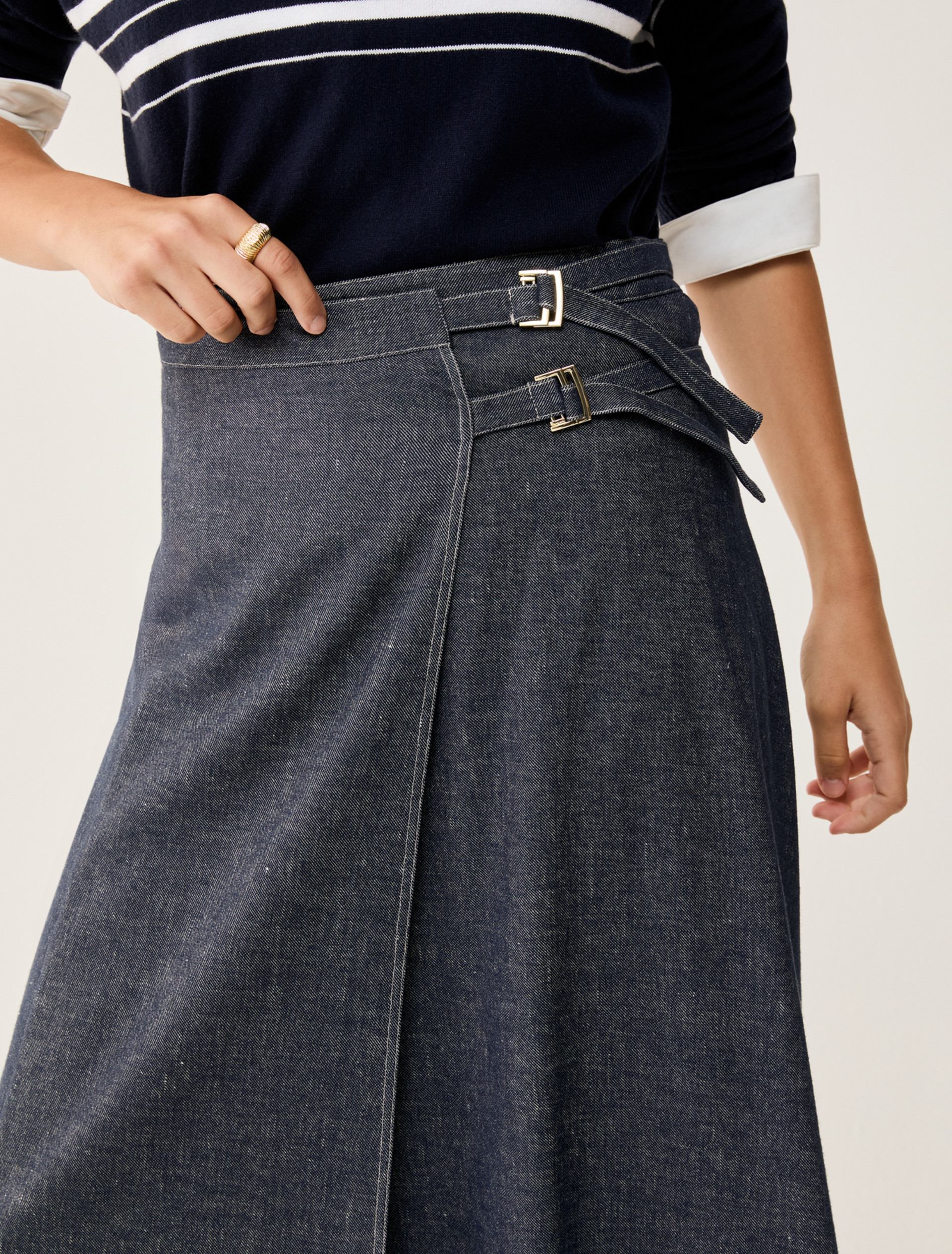 Linen and cotton midi skirt - NAVY - pennyblack