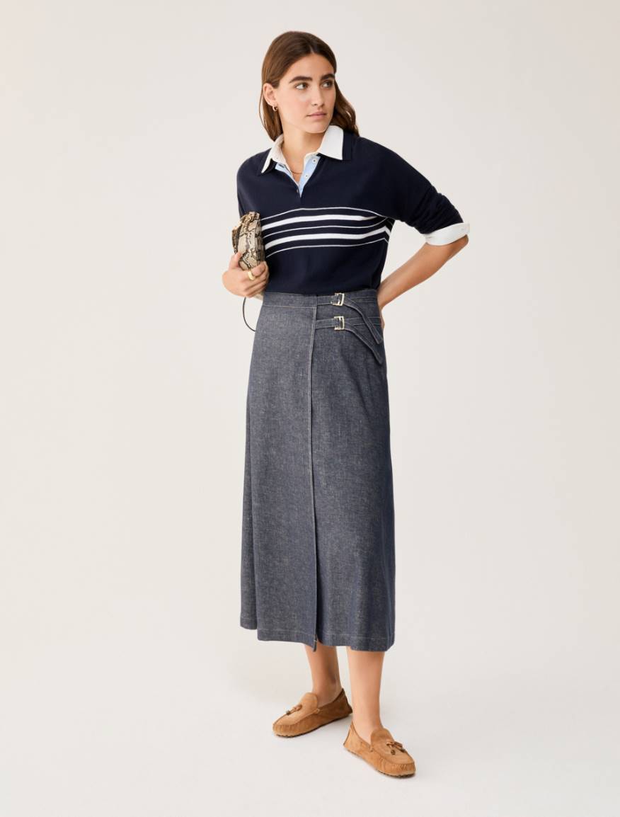 Linen and cotton midi skirt - NAVY - Pennyblack